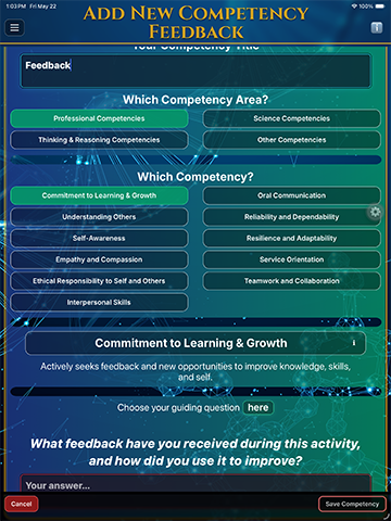 The Add Competency screen, connecting an activity to an AAMC-defined competency