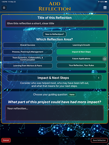 The Add Reflections screen, with guiding questions